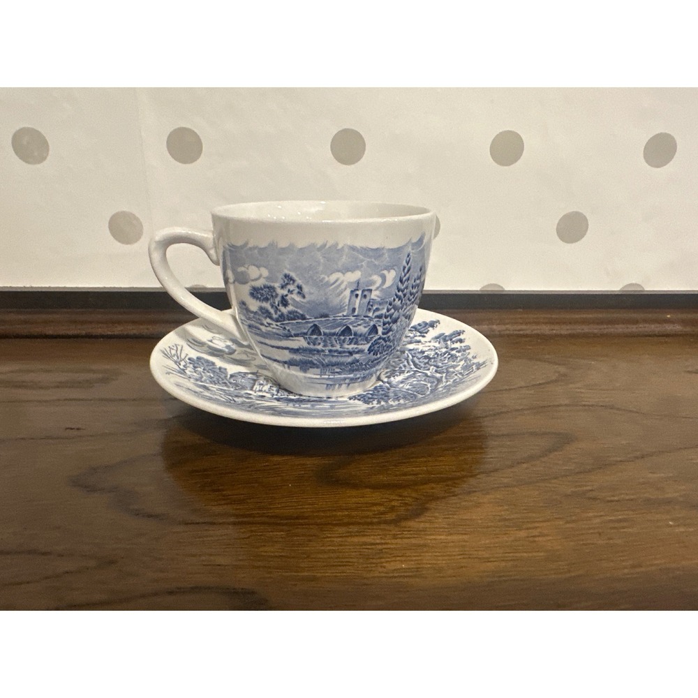 Enoch Wedgwood Tunstall Countryside Blue White Tea Cup Saucer Set England